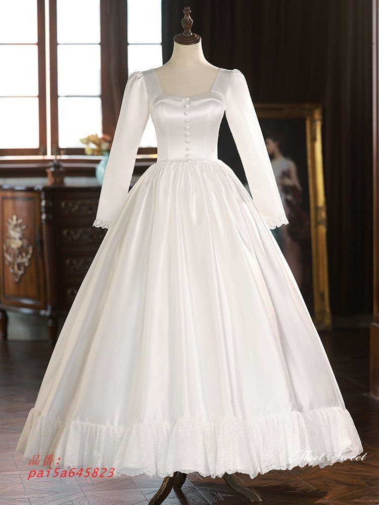 ウェディングドレス ロングドレス プリンセスドレス レトロ Aラインドレス 長袖 二次会 花嫁 サテン 結婚式 ブライダル ウエディングドレス 前撮り pai5a645823