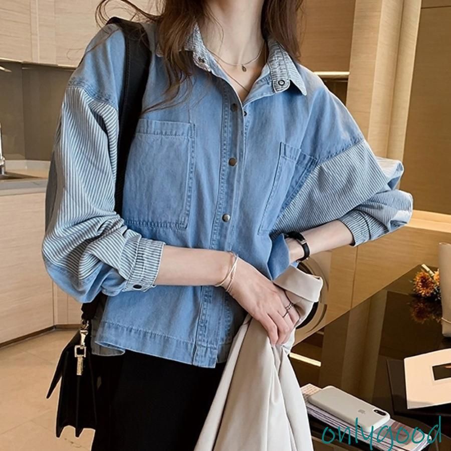 秋新作 ブラウス デニムシャツ レディース 異素材切替 シャツブラウス カジュアル 長袖シャツ 春服 胸ポケット トップス 羽織り おしゃれ デニム風シャツ レディース 異素材切替 シャツブラウス