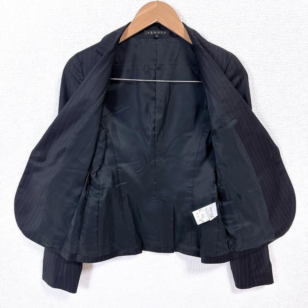 m6187【美品 現行タグ セオリー】パンツスーツ上下 ストライプ 黒 6 XL 美品】セオリー スーツセット ジャケットO パンツXO ストライプ