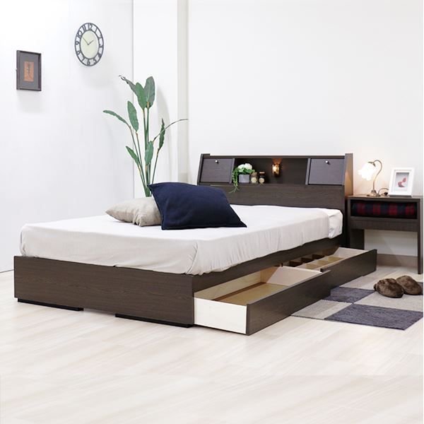 棚照明付き 収納ベッド シングル 日本製ポケットコイルマットレス付き(ハイグレード ハード) ブラウン 組立品〔代引不可〕[21]