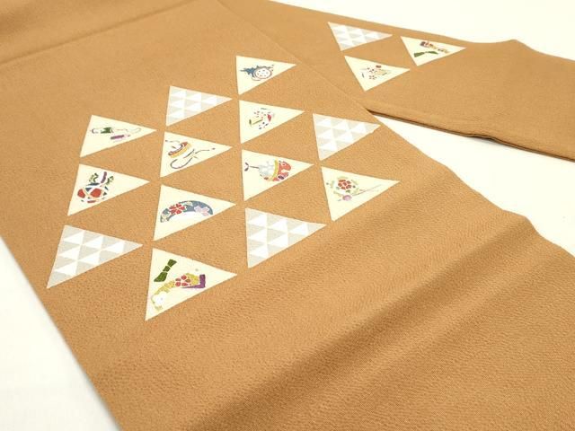 平和屋着物●九寸名古屋帯 鱗器物文 琥珀色 鬼しぼ縮緬 正絹 DAAY0147ob