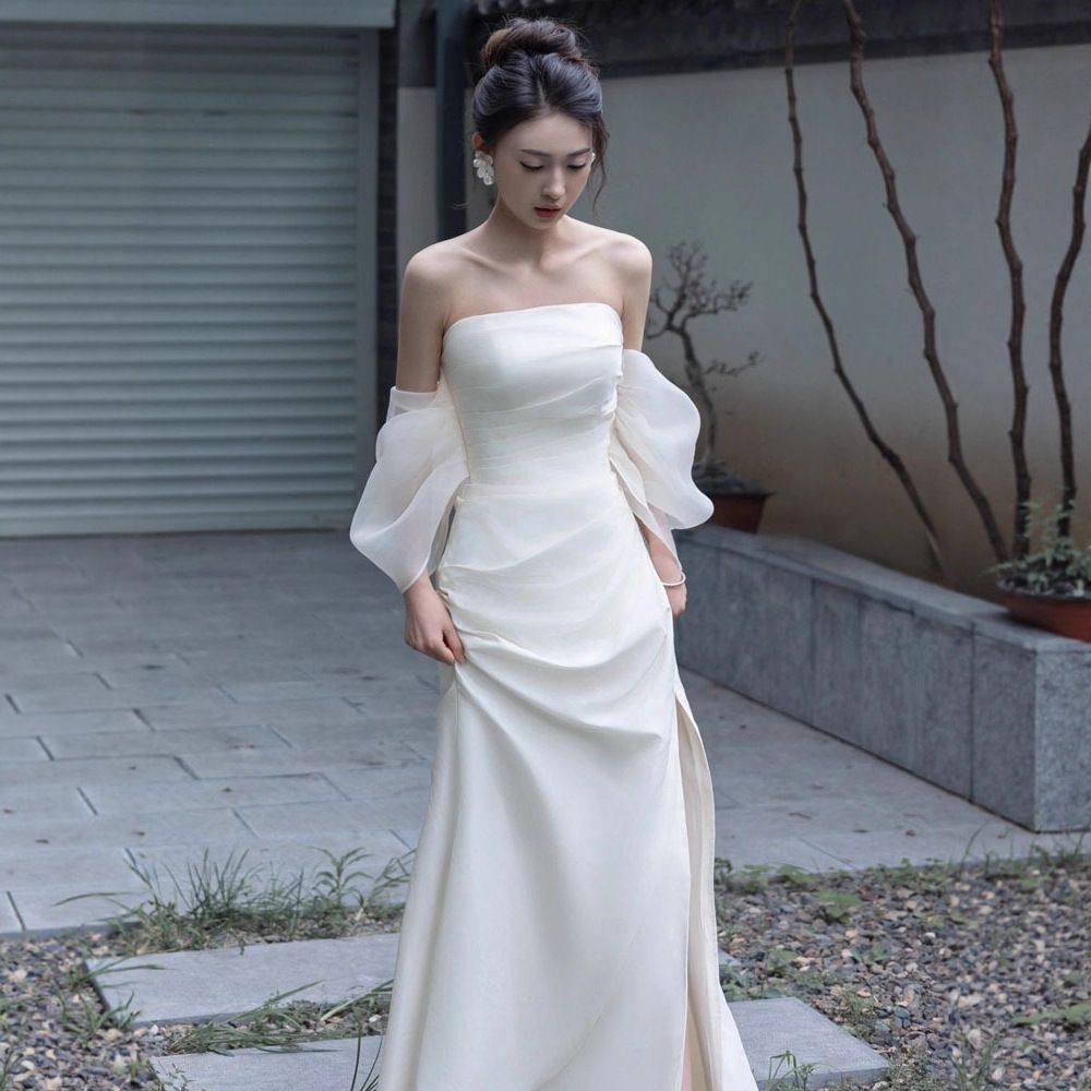 Amazon.co.jp: LEJA オーガンジー ドレープ パフスリーブ マーメイド