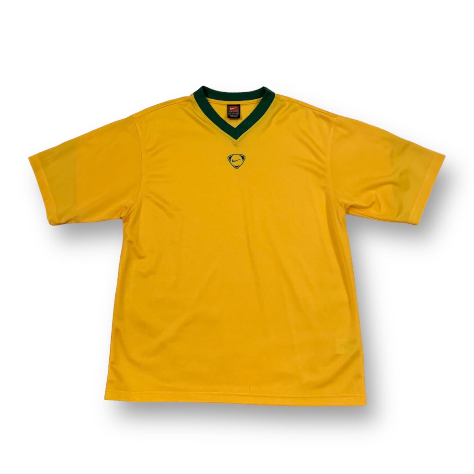 00s NIKE “Brazil” S/S Football Game Shirt ナイキ フットボールシャツ ゲームシャツ プラクティスシャツ  イエロー グリーン XLサイズ ブラジル Vネック ロゴ刺繍 TEAMタグ サッカー