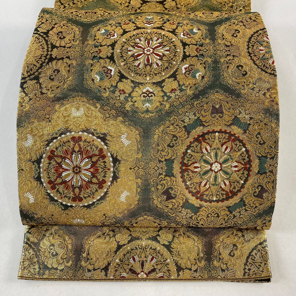 袋帯 美品 名品 華文 草花 金糸 箔 茶緑色 六通 正絹 【中古