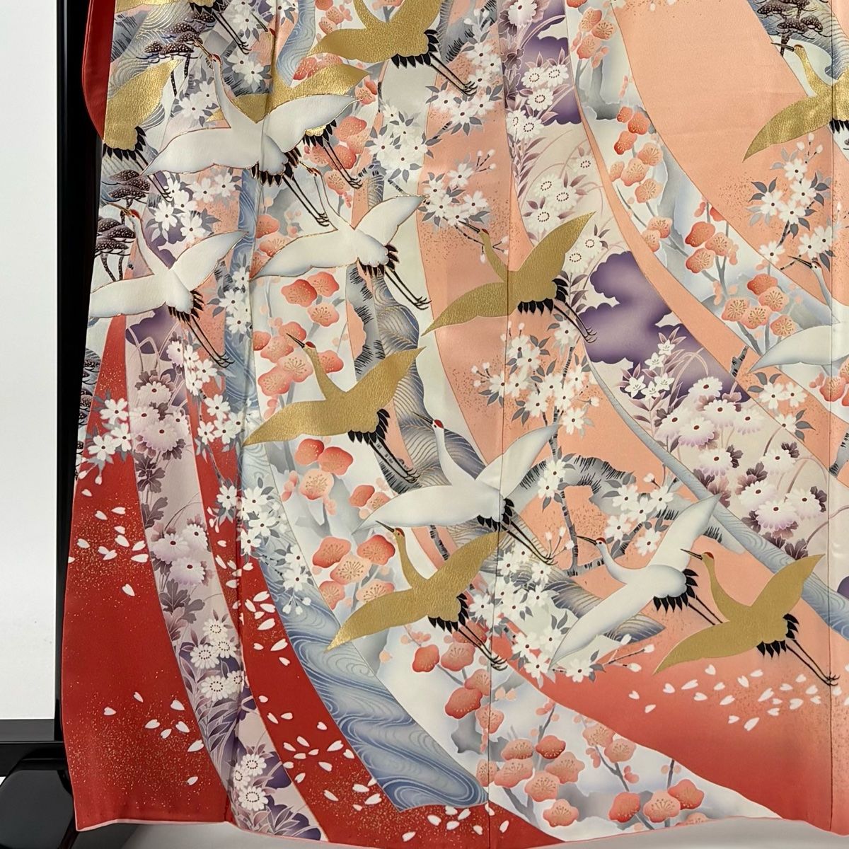 金彩 鶴 花柄 裄65 素敵なデザイン 紋無し 振袖 正絹 AK-4720 金彩 鶴 花柄 裄65 素敵なデザイン 紋無し 振袖 正絹 AK-4720