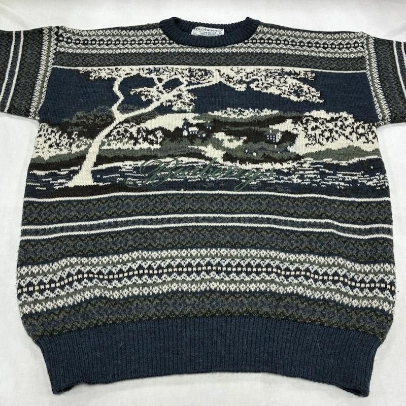 バーバリーズ ニット セーター 長袖 90 s 90年代 イングランド製 総柄 ウール 刺繍ロゴ オールド ヴィンテージ