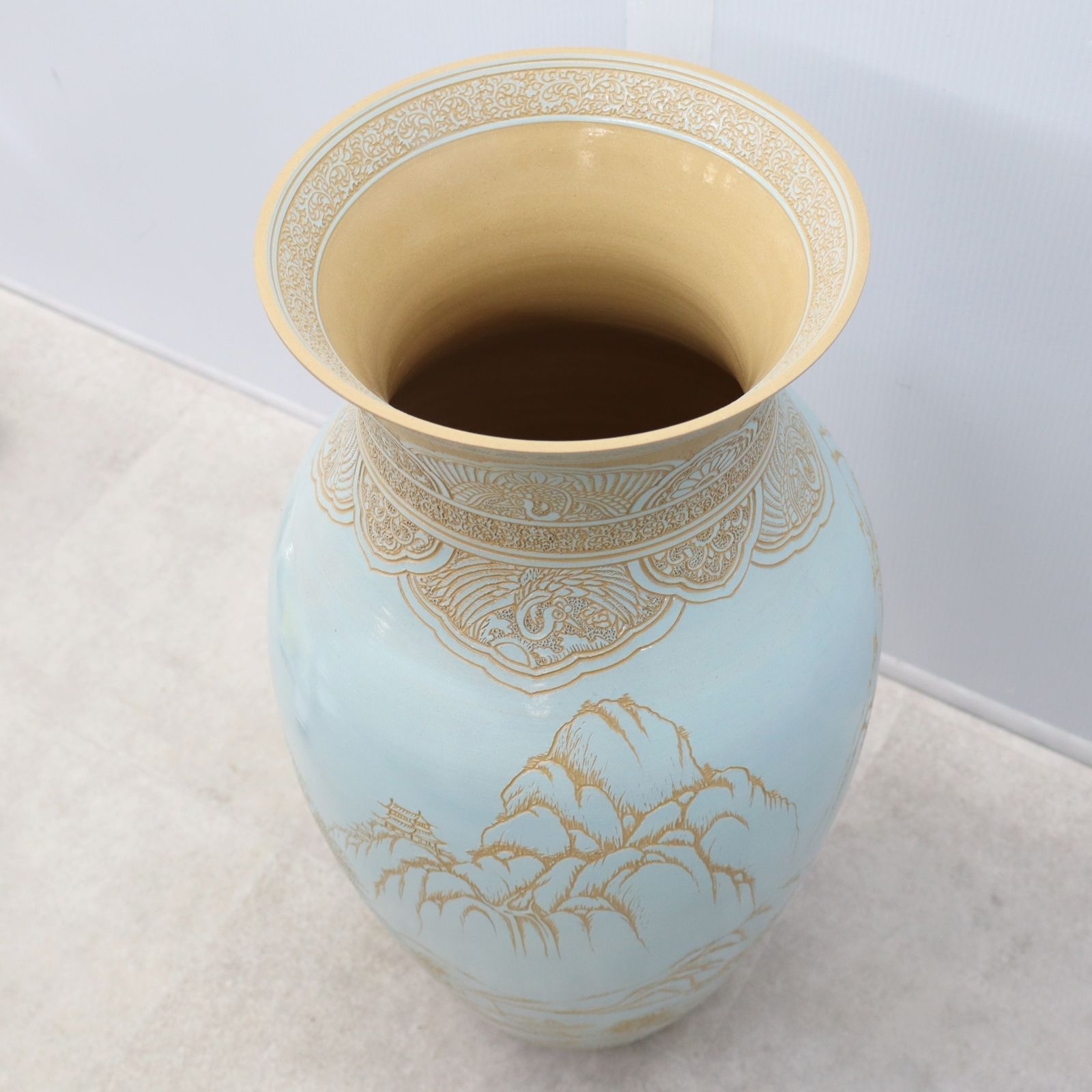 ▽骨董 古美術 ｜華壺 つぼ 花器 山水図｜東炎窯 金東和 作 東炎釉裏