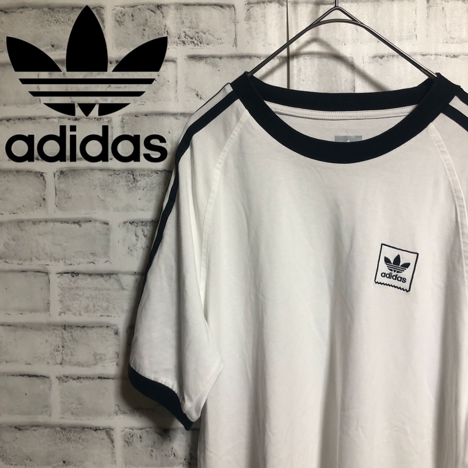 adidas⭐️アディダスオリジナルス 三本ライン リブTシャツ M 刺繍トレファイルロゴ ホワイト×ダークネイビー