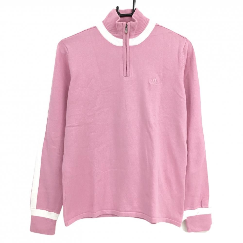 アディダス 長袖ハイネックセーター ピンク×白 ハーフジップ ニット  レディース M/M ゴルフウェア adidas
