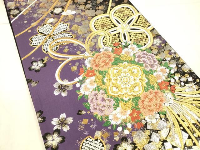 平和屋着物 六通柄袋帯 唐織 稜彩錦 結び紐鹿の子草花文 黒地 金銀糸 正絹 DAAX5626cm