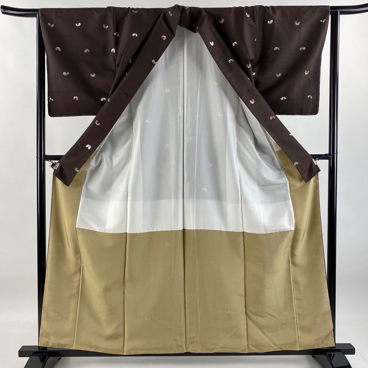 美品】 小紋 身丈159cm 裄丈63.5cm S 袷 紬地 幾何学模様 焦茶色 正絹