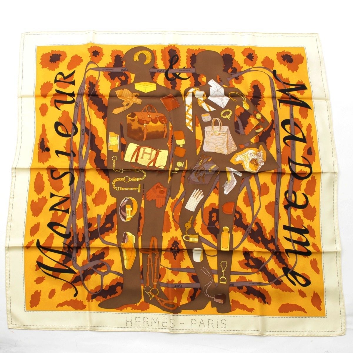 エルメス カレ90 MONSIEUR ET MADAME ムッシュ＆マダム シルク スカーフ イエロー