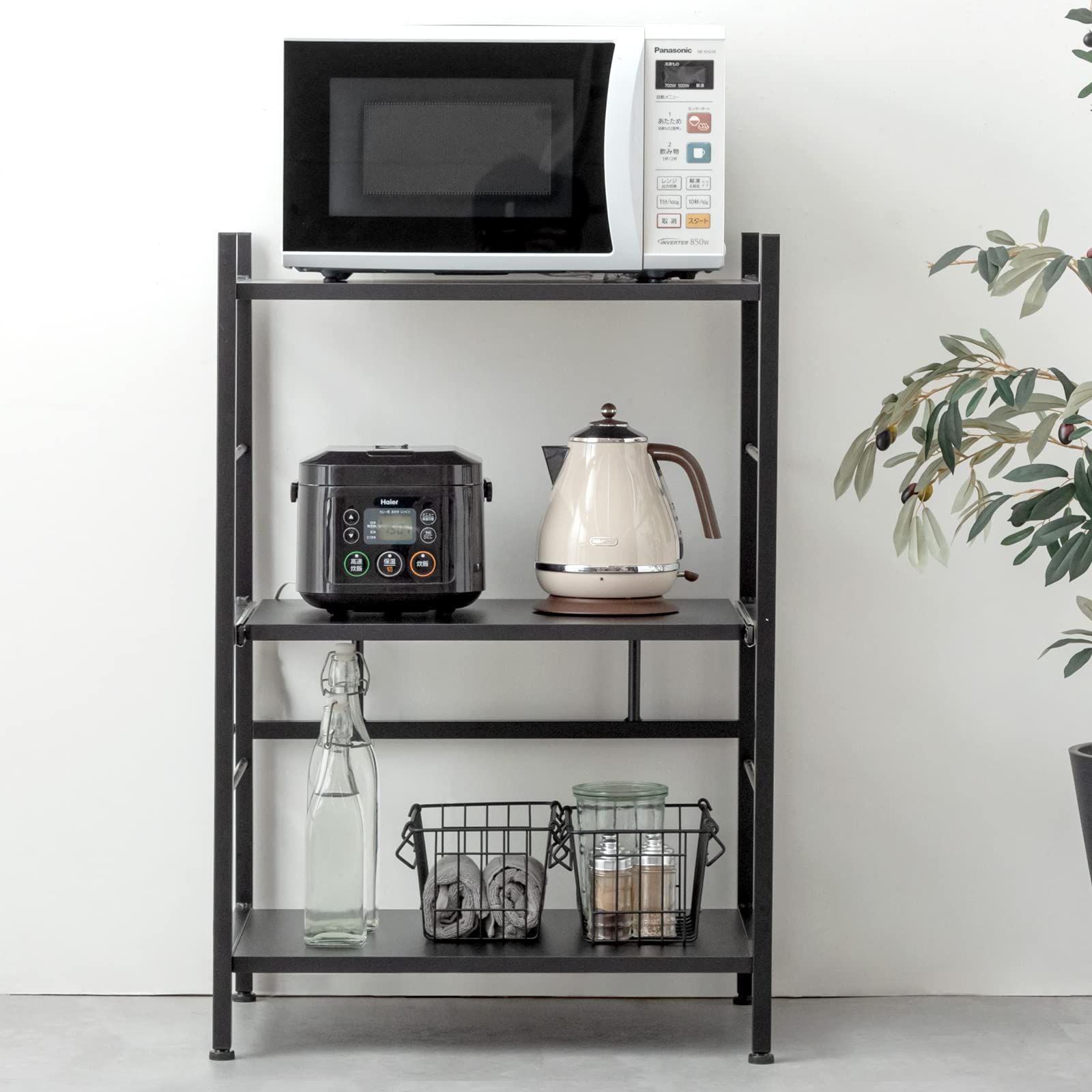 幅60cm 大型レンジ対応 レンジラック 高さ88cm スライド棚 レンジ台 キッチンワゴン ラック キッチンラック タンスのゲン オープンラック スリム おしゃれ ブラック 49200002 81624