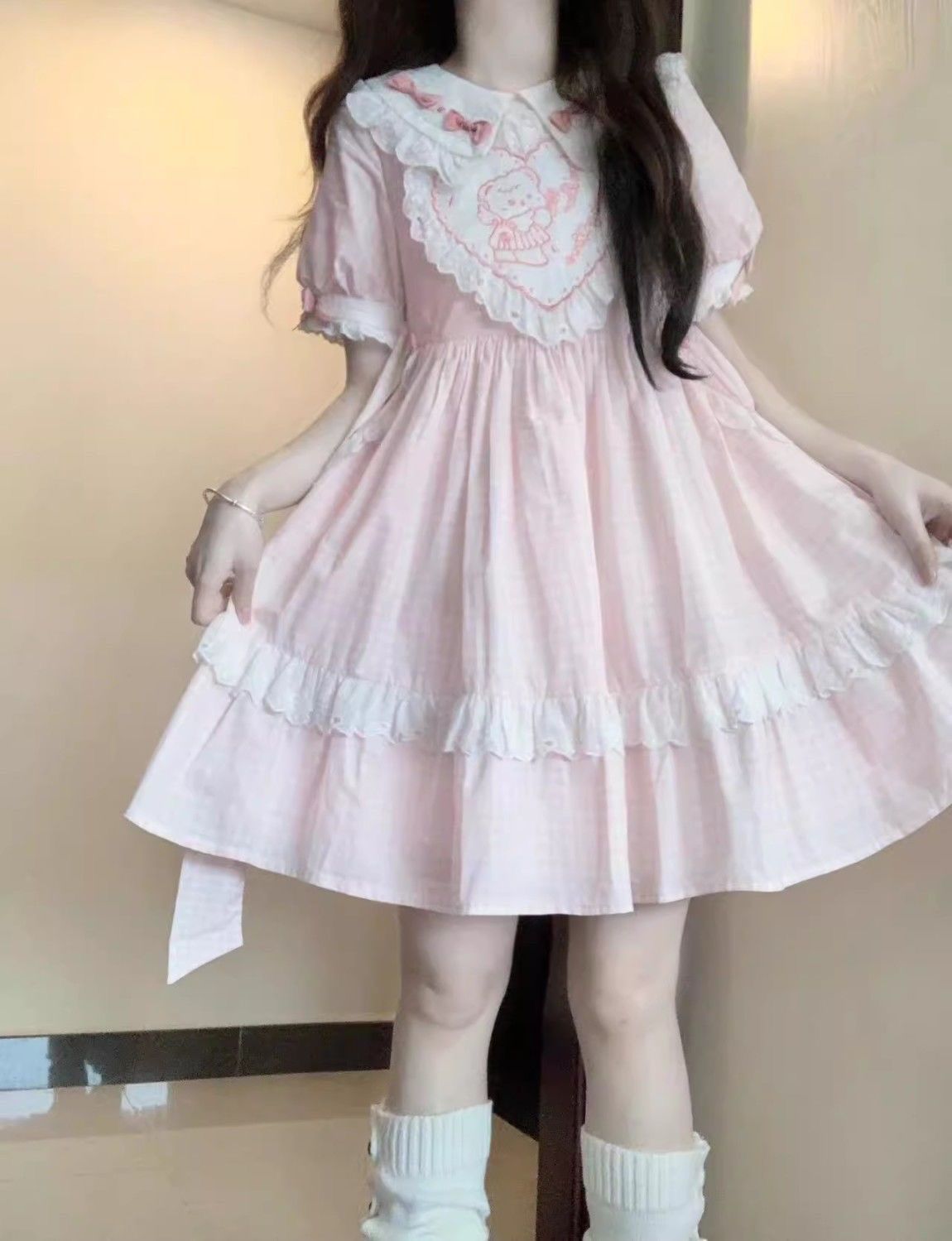 クマちゃん柄ガーリーなロリータワンピース❤️お出かけ女子会コーデに最適 ロリータファッション ワンピース レディース ゴスロリ くま