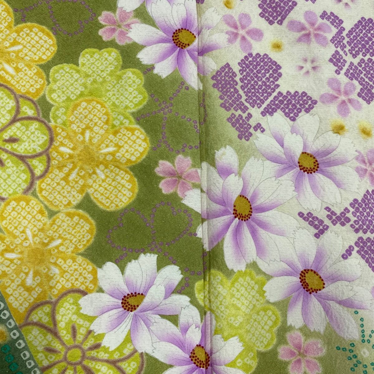 振袖 身丈173cm 裄丈66.5cm M 袷 コスモス 麻の葉 銀通し 染め分け  