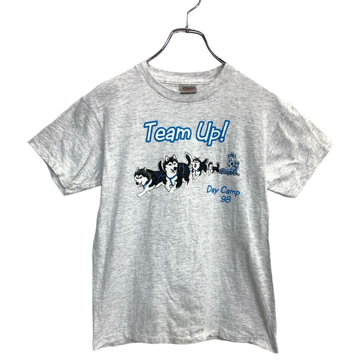 ONEITA 半袖 プリント Tシャツ Lサイズ ジュニアサイズ シングルステッチ グレー コットン 古着卸 アメリカ仕入 t2407-3934