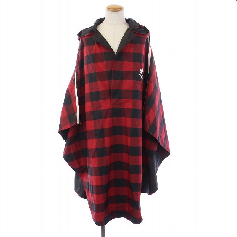 グッチ GUCCI adidas Originals レインコート フーディ ギンガムチェック ロング 3ライン ロゴ プルオーバー M 赤 黒 レッド ブラック 716270 KH AA