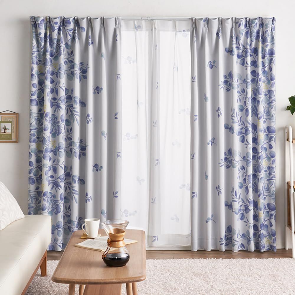 ボタニカルブルー_100×110cm ベルーナ(BELLUNA) カーテン 3級遮光 4枚セット 遮光 柄カーテン 目隠し 省エネ 厚地 リーフ柄 花柄 間仕切り 厚地カーテン レースカーテン２枚 洗える 4枚組 タッセル