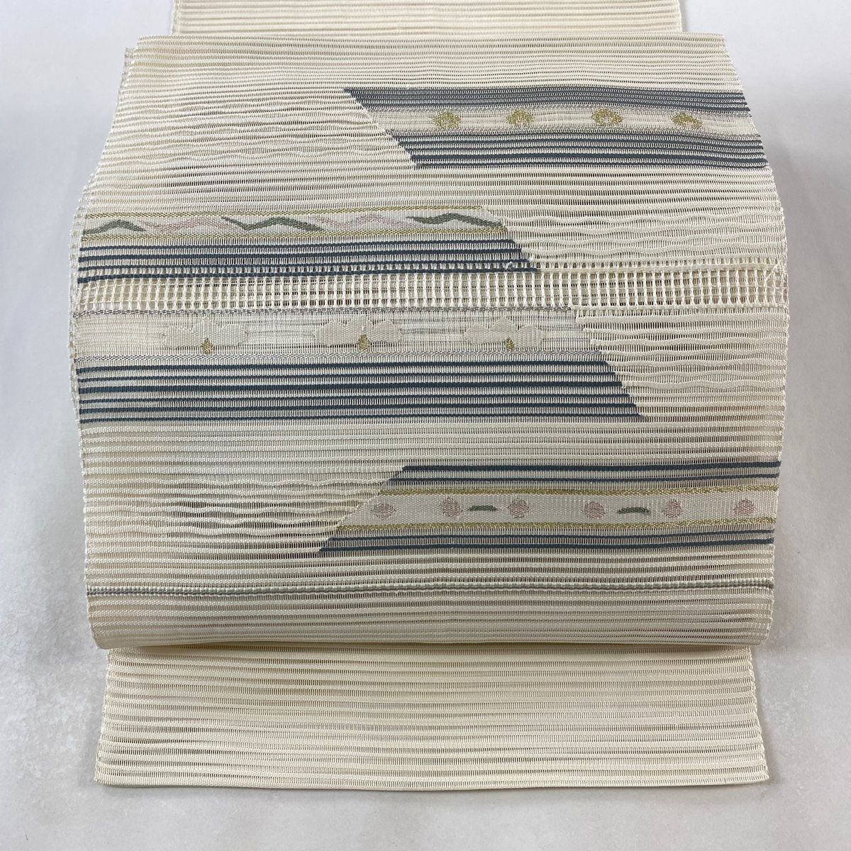 名古屋帯 美品 秀品 八寸名古屋帯 夏帯 縞 幾何学模様 金銀糸 クリーム