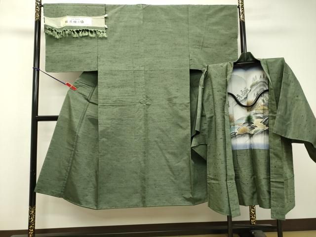 平和屋着物○男性 紬 アンサンブル 老竹色 証紙付き 正絹 逸品 未使用