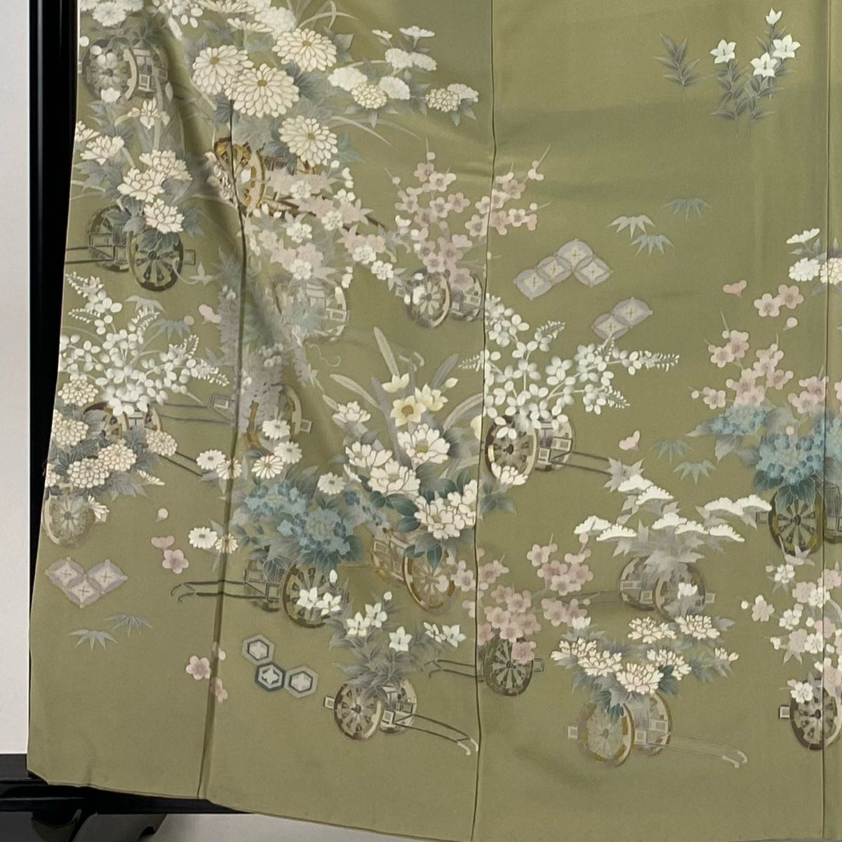 訪問着 身丈162.5cm 裄丈64cm M 袷 落款 花車 菊 金彩 灰緑 正絹 秀品