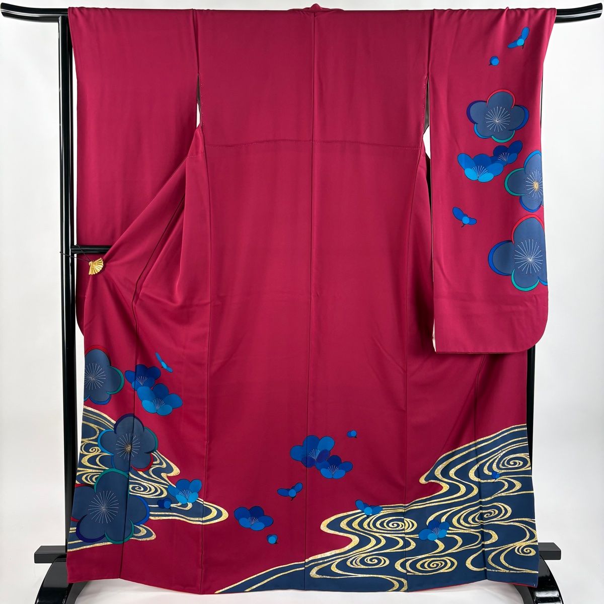 振袖 身丈166.5cm 裄丈66.5cm M 袷 流水 梅 金銀彩 赤紫 正絹 秀品