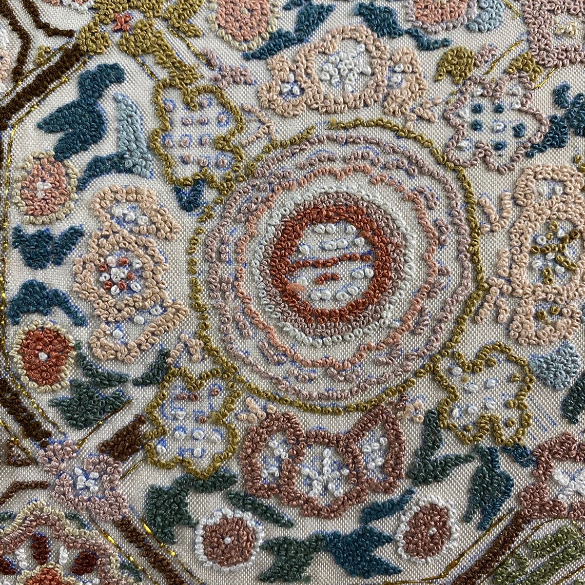 袋帯 金糸 草花 中国刺繍 レース編み 高級 袋帯 秀品 御所車 蜀江華文 