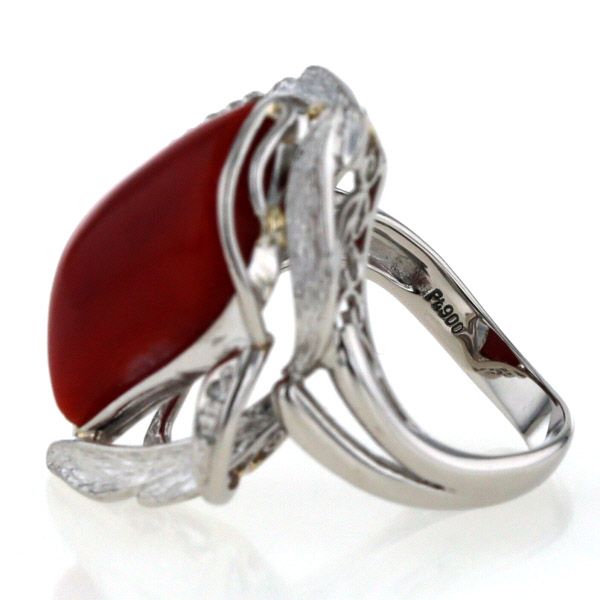 Pt900 プラチナ リング 珊瑚 コーラル サンゴ ダイヤ 0.17ct
