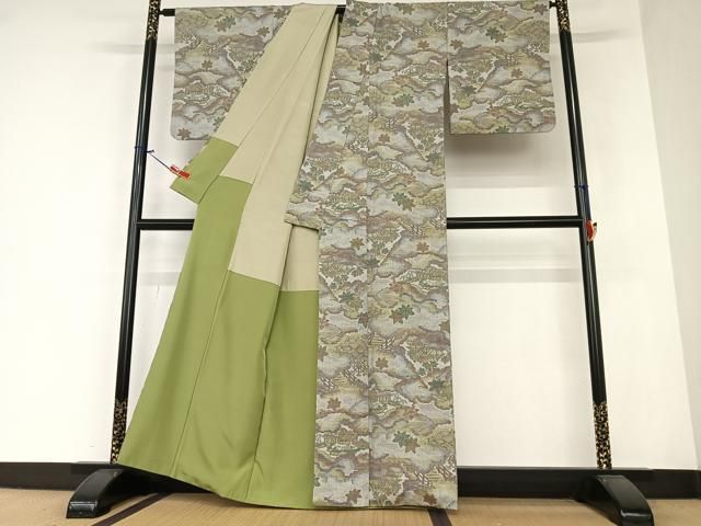 平和屋着物○結城紬 100亀甲 風景草花文 正絹 逸品 AAAV7360zg