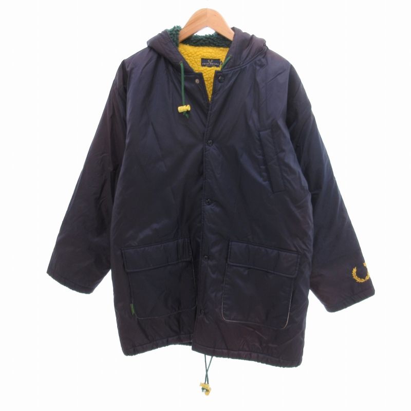 フレッドペリー FRED PERRY 中綿コート ジャケット フード ロゴ プリント 裏ボア M 紺 ネイビー /HO 1220