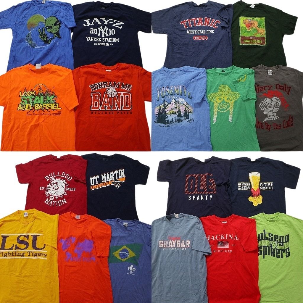 古着卸 まとめ売り カラーmix プリント 半袖Tシャツ 19枚セット (メンズ M /L ) 宇宙人 カレッジ風 英文字プリント ネイビー  MU5181