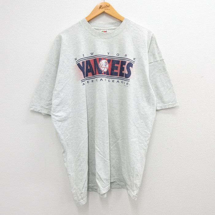XL/古着 半袖 ビンテージ Tシャツ メンズ 90s MLB ニューヨークヤンキース 大きいサイズ コットン クルーネック 薄グレー 霜降り メジ