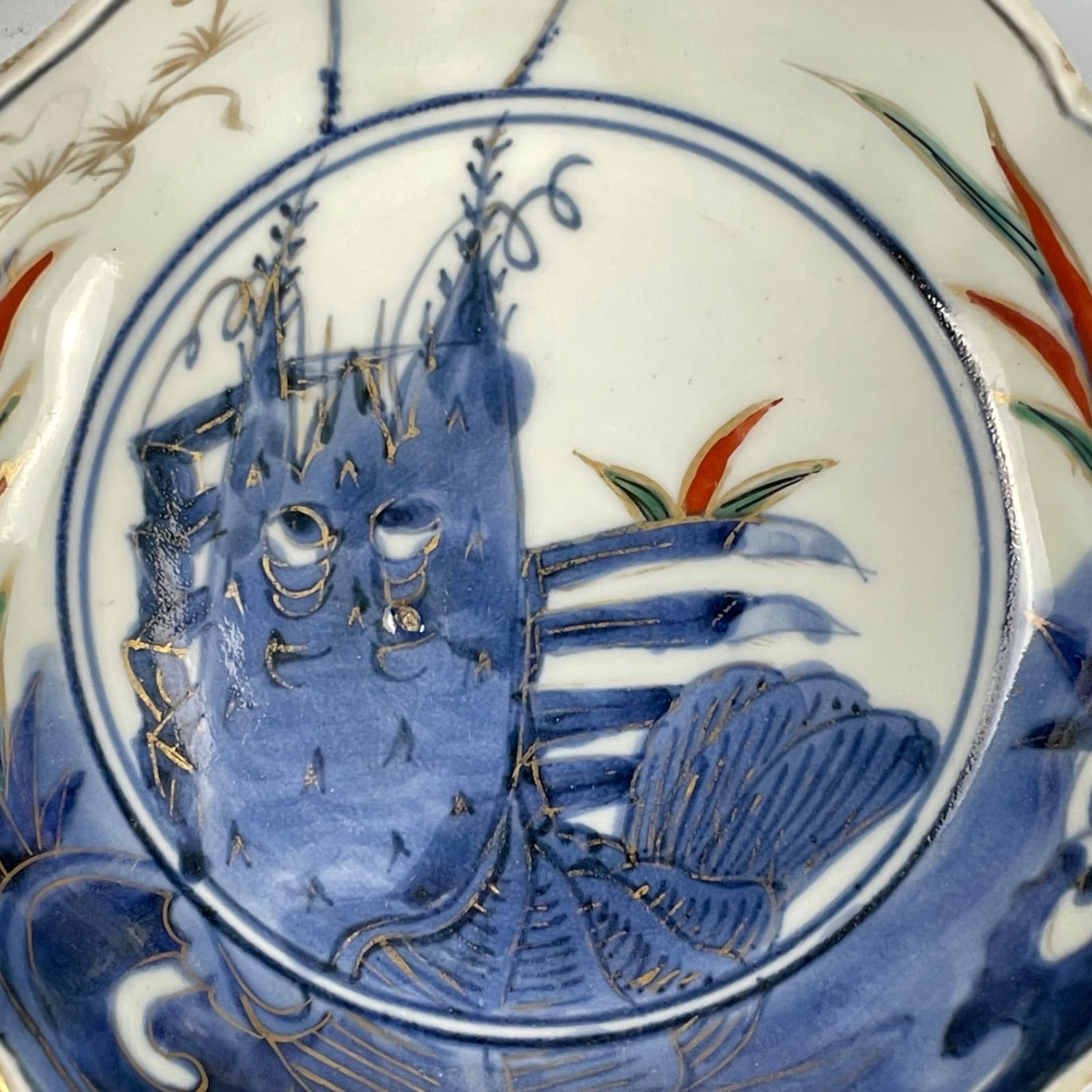 骨董大皿　古伊万里焼？？ 骨董品 明治時代 古伊万里焼 染付 印判イゲ皿 青花鳳凰 大皿 盛