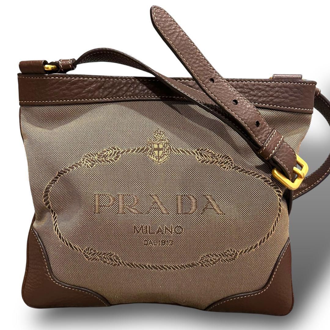 極美品 PRADA プラダ ジャガード ショルダーバッグ 斜めがけ ブラウン