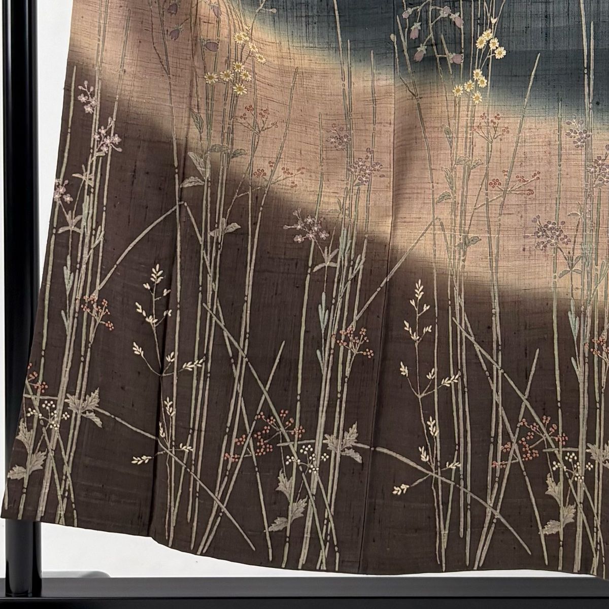 訪問着 身丈153.5cm 裄丈62.5cm S 袷 紬地 草花 木賊 染め分け ぼかし 深緑 正絹 名品