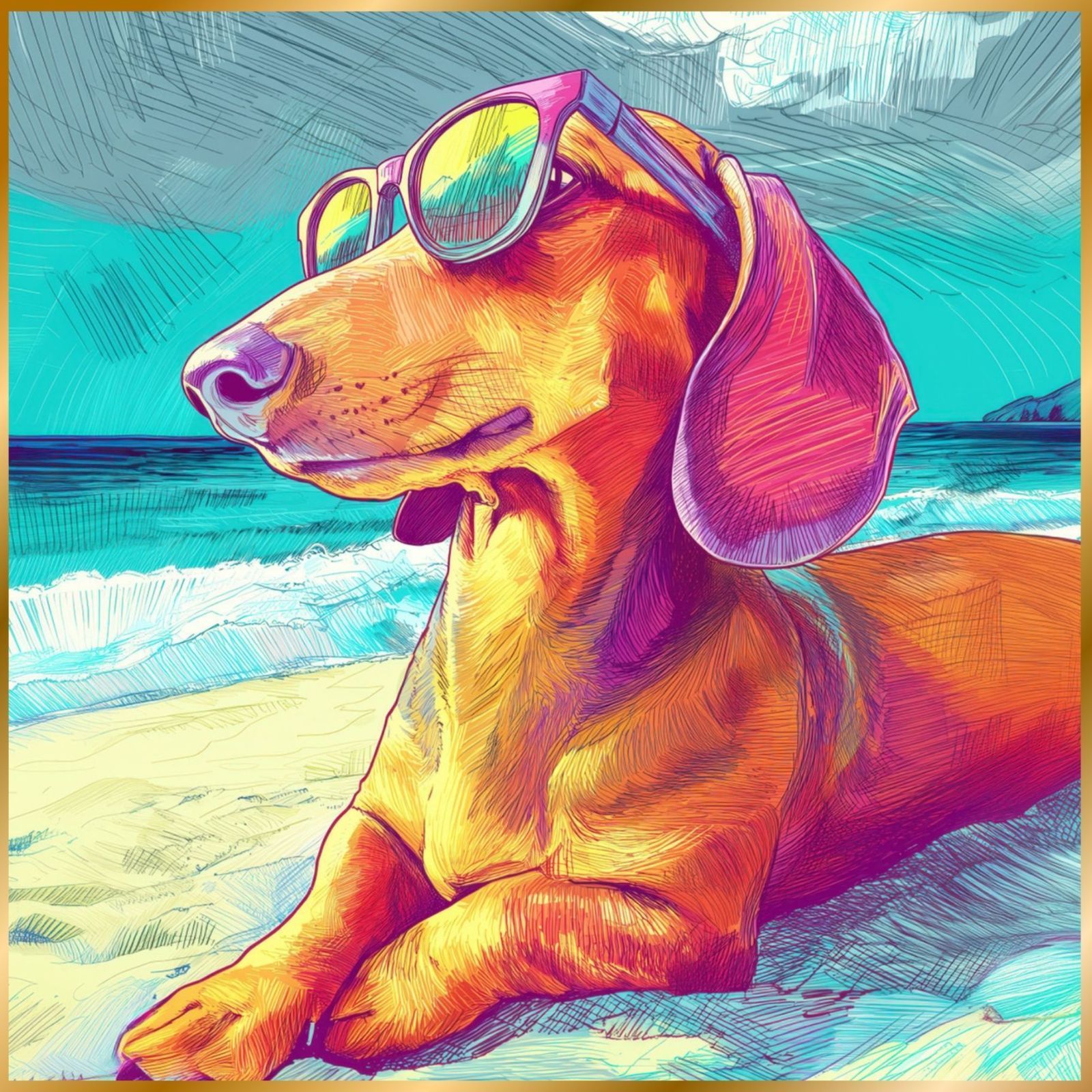 ダックスフンド犬とビーチのスケッチ No.3 海 犬の絵 犬のイラスト おしゃれ ミニマリスト ミニマリズム シンプル インテリアアート ペットロス うちの子 記念日 アートポスター ギフト プレゼント