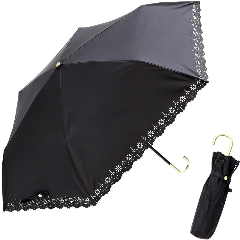 日傘 おりたたみ 晴雨兼用 レディース UVカット 遮光 99.99％以上 遮熱効果 3段伸縮 ミニ傘 50cm ヒートカット加工 透け感 花柄レース a.s.s.a(FM130/ブラック) 0