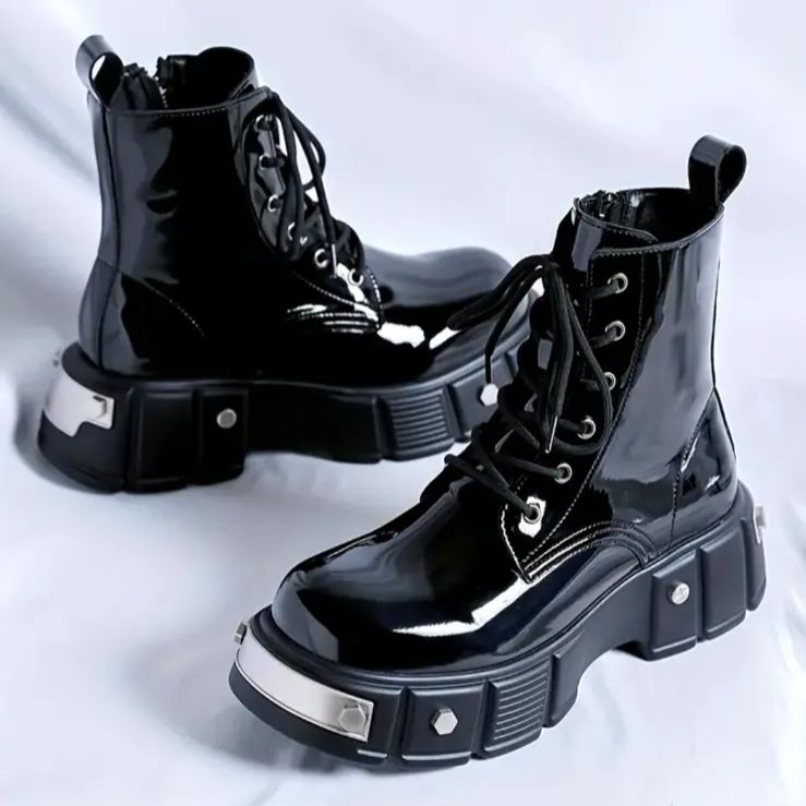 バイクシューズ バイクブーツ 革 厚底ブーツ メンズ +7cm エナメル