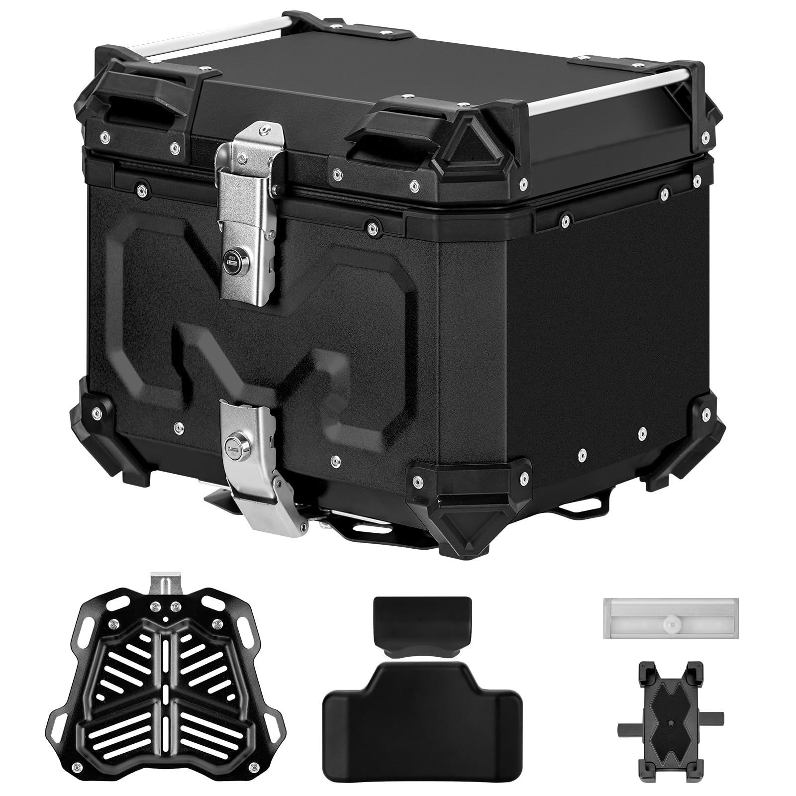 バイク リアボックス バイク用 45L 大容量 トップケース バイクケース オートバイボックス モノキーケース アルミ合金製 四角 取り付けベース付き 着脱簡単 軽量 防犯対策 汎用 IP68防水 耐衝撃 キャンプ 通勤 デリバリーなど対応