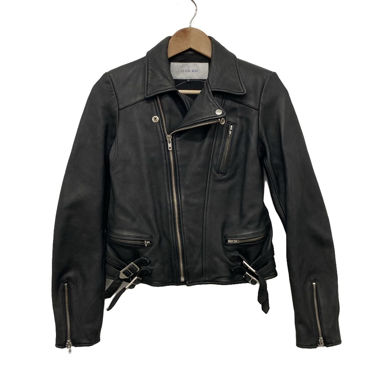 ルシェルブルー ノーカラー ラムレザー ライダースジャケット 36 黒