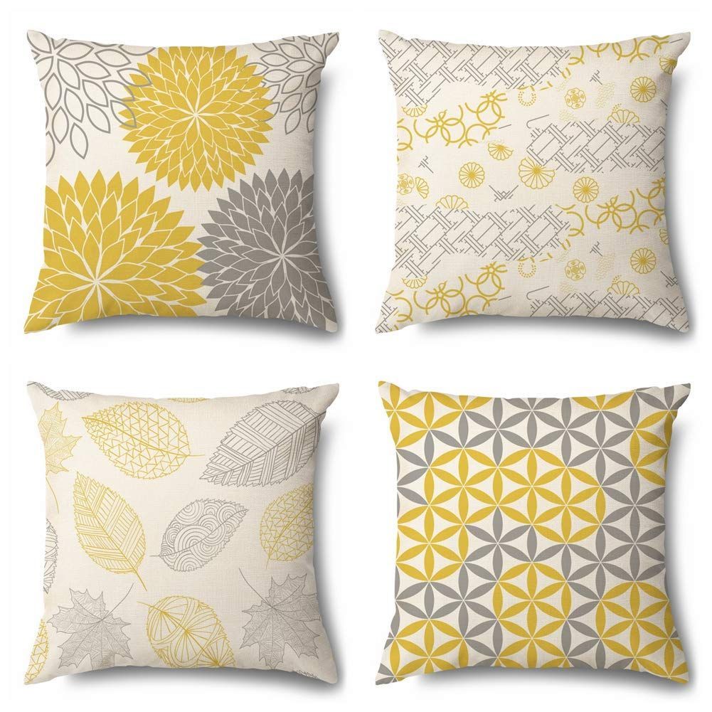 新着商品 OTOSTAR クッションカバー 50x50cm 北欧 リネンっぽい 4枚セット おしゃれ 柄 綿とリネン 亜麻 ソファー用クッションカバー ソファ背当て 装飾枕カバー 座布団カバー 黄色 50×50