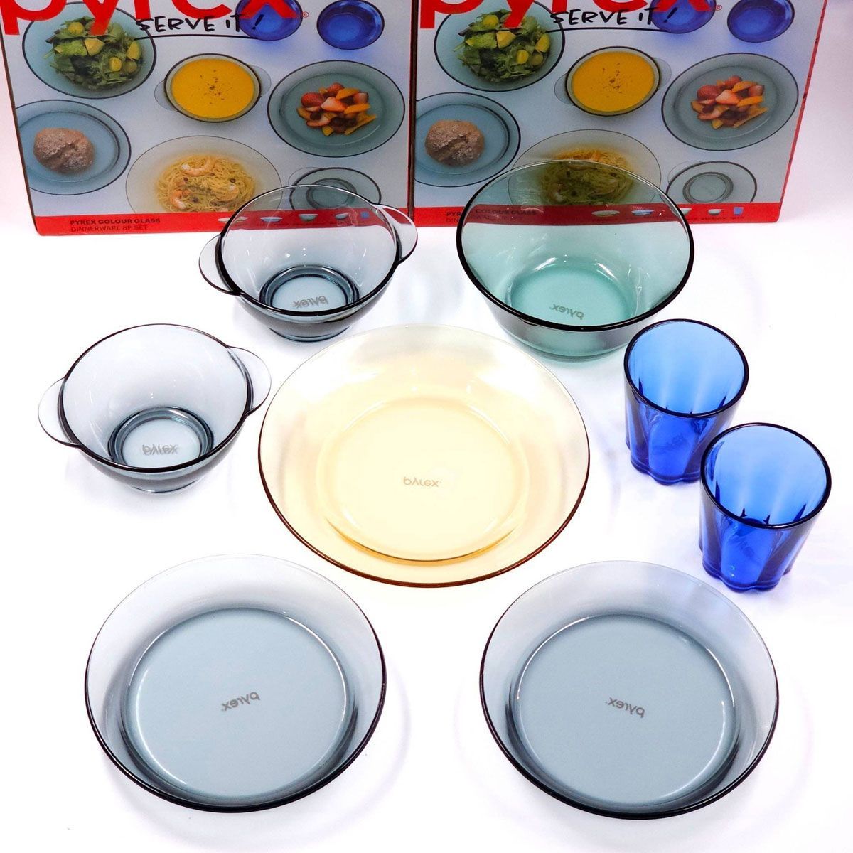 【送料無料】PYREX カラー ガラス ディナーウェア 8点セット プレート 皿 深皿 サラダボウル ボウル グラス/パイレックス /コストコ
