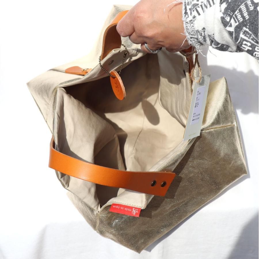 日本製 バッグ トートバッグ folio II origami tote bag M ゴールド gold 本革 箔帆布 Lahella 一枚布  L-281