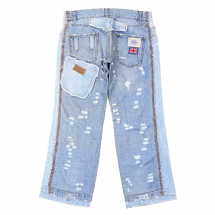 DOLCE-GABBANA ドルチェアンドガッバーナ パンツ ベッカム デニム レザー ユニオンジャック パッチ DG ロゴ プレート パッチワーク ドッキング クラッシュ ジーンズ 再構築 ボトムス メンズ サイズ 48 ライトインディゴ 伊製