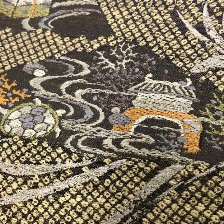 袋帯 浦島太郎の世界 刺繍 玉手箱 亀 竜宮城 鹿の子模様 O-1219