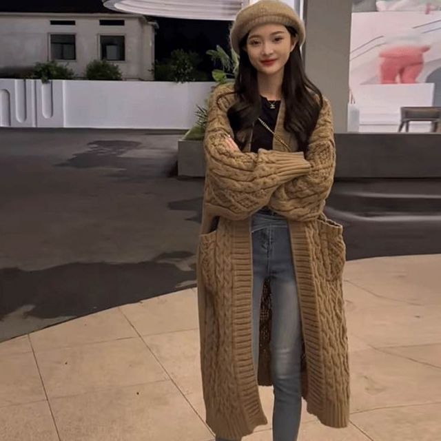 種類1：ベージュ/S ケーブルニット ロング カーディガン トップス