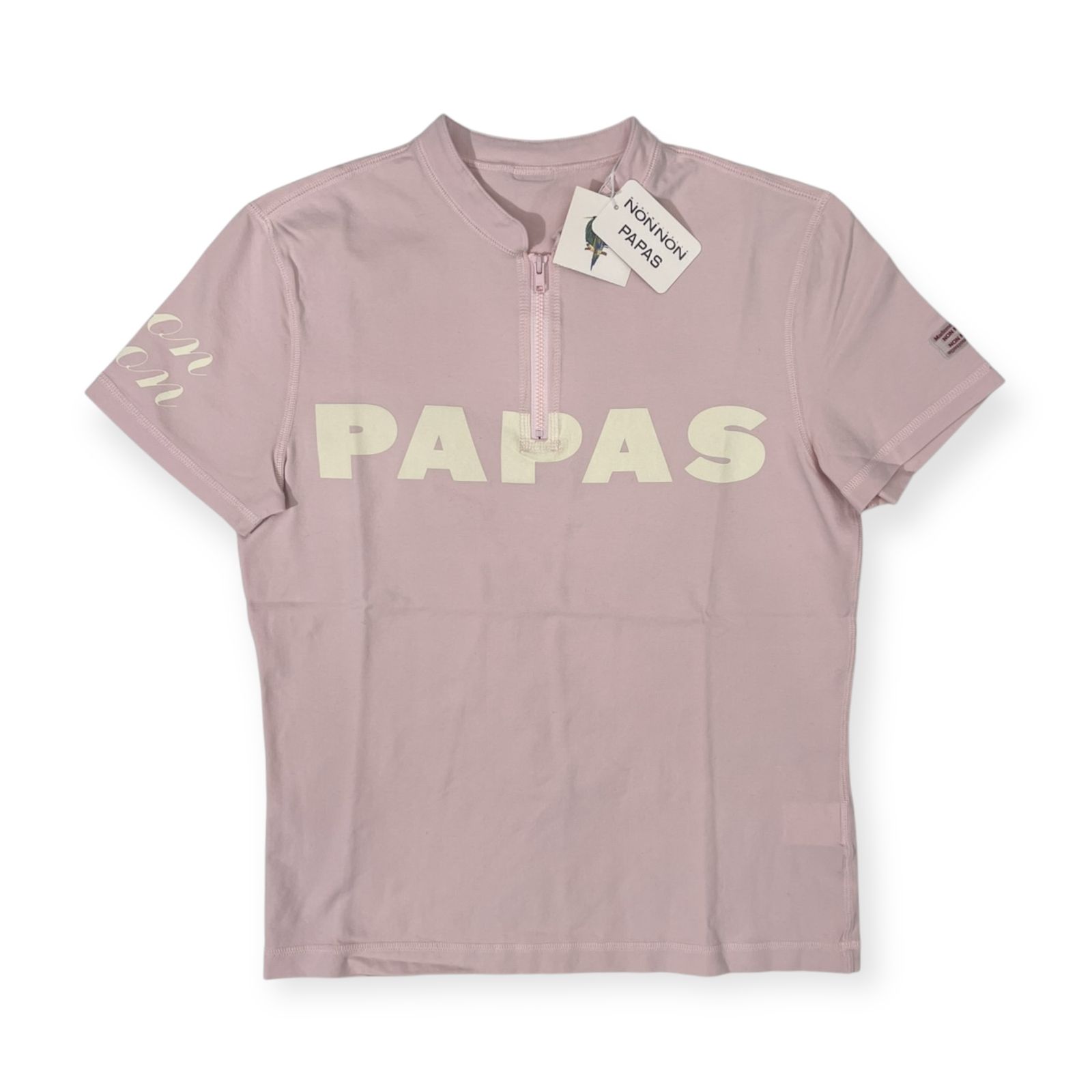 Mademoiselle NON NON マドモアゼルノンノン PAPASロゴ ハーフジップ 半袖Tシャツ L|ピンク