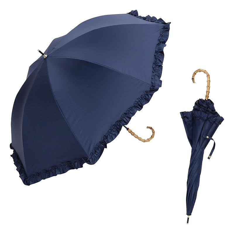 assa 日傘 完全遮光 フリル レディース 長傘 UVカット 大きめ 55cm ワイド 軽量 手開き傘 遮熱効果 晴雨兼用 グラスファイバー バンブー 竹製ハンドル FLL FLL008|ネイビー