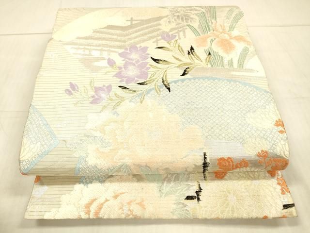 平和屋着物＊夏物 アンティーク 大正ロマン 丸帯 引き抜き帯 唐織 風景鹿の子草花文 銀糸 正絹 DAAX0507cm
