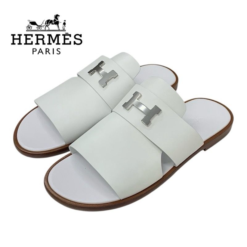 エルメス HERMES アルル サンダル 靴 シューズ レザー ホワイト シルバー H金具 フラットサンダル メンズ
